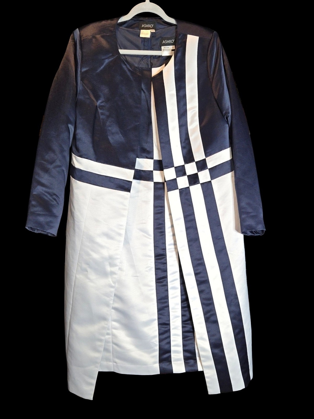 Ashro 2 Piece Set Navy Black and White Long Coat And Dress With Geometric Stripe